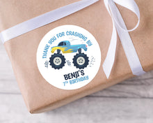 Load image into Gallery viewer, Blue Monster Truck Style Birthday Stickers "Thank You for Crashing By" Sticker