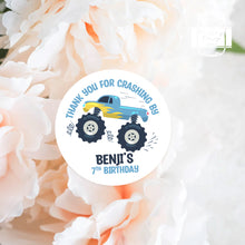 Load image into Gallery viewer, Blue Monster Truck Style Birthday Stickers "Thank You for Crashing By" Sticker