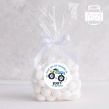 Load image into Gallery viewer, Blue Monster Truck Style Birthday Stickers "Thank You for Crashing By" Sticker