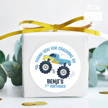 Load image into Gallery viewer, Blue Monster Truck Style Birthday Stickers "Thank You for Crashing By" Sticker