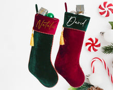 Load image into Gallery viewer, Luxury Personalised Velvet Christmas Stockings, Made of Premium Velvet, Colour: Red, White and Emerald Green