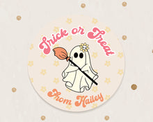 Load image into Gallery viewer, Halloween Groovy Ghost with a Broom Style Favour Stickers, Halloween Stickers