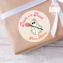 Load image into Gallery viewer, Halloween Groovy Ghost with a Broom Style Favour Stickers, Halloween Stickers
