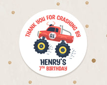 Load image into Gallery viewer, Red Monster Truck Style Birthday Stickers "Thank You for Crashing By" Sticker