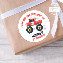 Load image into Gallery viewer, Red Monster Truck Style Birthday Stickers "Thank You for Crashing By" Sticker