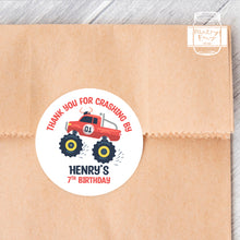 Load image into Gallery viewer, Red Monster Truck Style Birthday Stickers "Thank You for Crashing By" Sticker