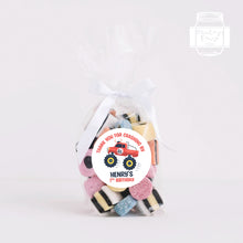 Load image into Gallery viewer, Red Monster Truck Style Birthday Stickers "Thank You for Crashing By" Sticker