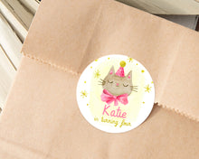 Load image into Gallery viewer, Watercolour Style Cat in Pink Ribbon Kids Birthday Party Stickers