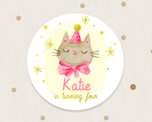 Load image into Gallery viewer, Watercolour Style Cat in Pink Ribbon Kids Birthday Party Stickers