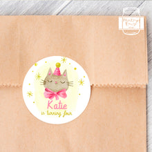 Load image into Gallery viewer, Watercolour Style Cat in Pink Ribbon Kids Birthday Party Stickers