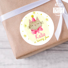 Load image into Gallery viewer, Watercolour Style Cat in Pink Ribbon Kids Birthday Party Stickers