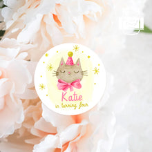 Load image into Gallery viewer, Watercolour Style Cat in Pink Ribbon Kids Birthday Party Stickers