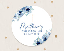 Load image into Gallery viewer, Watercolour Blue Floral Style Christening Stickers Baptism Stickers Thank You Stickers