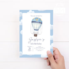 Load image into Gallery viewer, Blue Hot Air Balloon Style Birthday Invitation Printable, Boy Birthday Print It Yourself Hot Air Balloon Birthday Invite Invitation Template