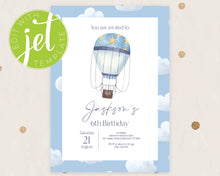 Load image into Gallery viewer, Blue Hot Air Balloon Style Birthday Invitation Printable, Boy Birthday Print It Yourself Hot Air Balloon Birthday Invite Invitation Template