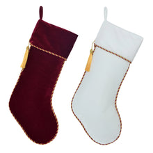 Load image into Gallery viewer, Luxury Personalised Velvet Christmas Stockings, Made of Premium Velvet, Colour: Red, White and Emerald Green