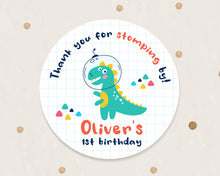Load image into Gallery viewer, Cute T-Rex Dinosaur "Thank you for stomping by" Kids Birthday Party Stickers