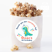 Load image into Gallery viewer, Cute T-Rex Dinosaur "Thank you for stomping by" Kids Birthday Party Stickers