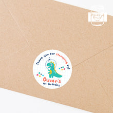 Load image into Gallery viewer, Cute T-Rex Dinosaur "Thank you for stomping by" Kids Birthday Party Stickers