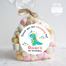 Load image into Gallery viewer, Cute T-Rex Dinosaur "Thank you for stomping by" Kids Birthday Party Stickers