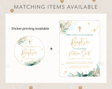Load image into Gallery viewer, Golden Greenery Style Baptism Christening Invitation Template, Printable Invitation, Green Leaves Print It Yourself First communion Invite