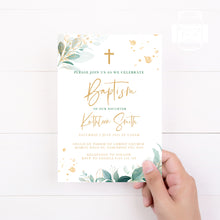 Load image into Gallery viewer, Golden Greenery Style Baptism Christening Invitation Template, Printable Invitation, Green Leaves Print It Yourself First communion Invite