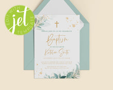 Load image into Gallery viewer, Golden Greenery Style Baptism Christening Invitation Template, Printable Invitation, Green Leaves Print It Yourself First communion Invite