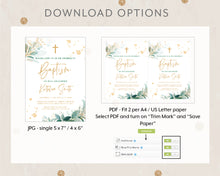 Load image into Gallery viewer, Golden Greenery Style Baptism Christening Invitation Template, Printable Invitation, Green Leaves Print It Yourself First communion Invite