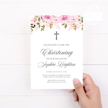 Load image into Gallery viewer, Pink Rose Style Baptism Christening Invitation Template Printable Invitation, Print It Yourself Elegant Floral First Communion Invite