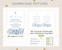 Load image into Gallery viewer, Hand drawn floral Baptism Christening Invitation Printable Invitation, Blue Floral Print It Yourself Elegant Floral First Communion Invitegant Floral First Communion Invite