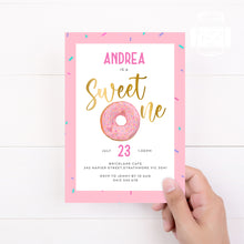 Load image into Gallery viewer, Instant Download Sweet One Doughnut Birthday Invitation Template, Print It Yourself Sweet One Birthday, Doughnut Style Invitation