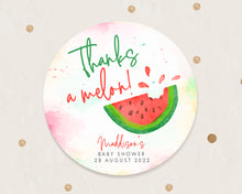 Load image into Gallery viewer, Watercolour Watermelon Style "Thanks a melon" Baby Shower Thank You Stickers Favour Stickers