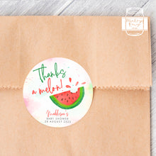 Load image into Gallery viewer, Watercolour Watermelon Style "Thanks a melon" Baby Shower Thank You Stickers Favour Stickers