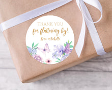 Load image into Gallery viewer, Watercolour Butterfly Style Birthday Party Stickers, Girls' Party Stickers, "Thank you for fluttering by" Stickers