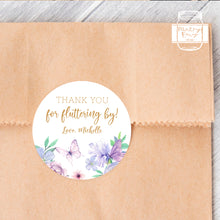 Load image into Gallery viewer, Watercolour Butterfly Style Birthday Party Stickers, Girls' Party Stickers, "Thank you for fluttering by" Stickers