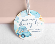 Load image into Gallery viewer, Watercolour Blue Car Theme Baby Shower Round Party Favour Tags
