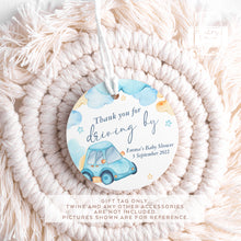Load image into Gallery viewer, Watercolour Blue Car Theme Baby Shower Round Party Favour Tags