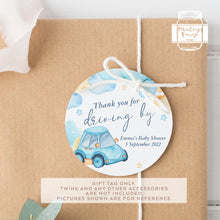 Load image into Gallery viewer, Watercolour Blue Car Theme Baby Shower Round Party Favour Tags