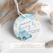 Load image into Gallery viewer, Watercolour Blue Car Theme Baby Shower Round Party Favour Tags