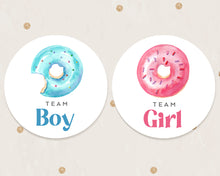 Load image into Gallery viewer, 24pcs 40mm Watercolour Doughnut Style Baby Gender Reveal Team Girl Team Boy Favour Stickers