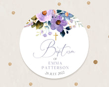 Load image into Gallery viewer, Watercolour Purple Floral Style Christening Baptism Stickers Favour Stickers