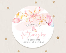 Load image into Gallery viewer, Watercolour Butterfly Style Birthday Party Stickers "Thank you for fluttering by" Stickers