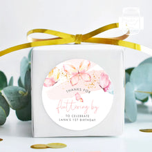 Load image into Gallery viewer, Watercolour Butterfly Style Birthday Party Stickers "Thank you for fluttering by" Stickers