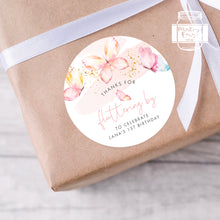 Load image into Gallery viewer, Watercolour Butterfly Style Birthday Party Stickers "Thank you for fluttering by" Stickers