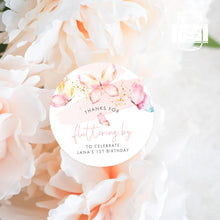 Load image into Gallery viewer, Watercolour Butterfly Style Birthday Party Stickers "Thank you for fluttering by" Stickers