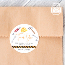 Load image into Gallery viewer, Watercolour Construction Handy Tools Style Birthday Party Stickers, Boy's Party Stickers