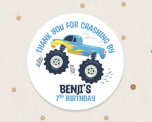 Load image into Gallery viewer, Blue Monster Truck Style Birthday Stickers &quot;Thank You for Crashing By&quot; Sticker
