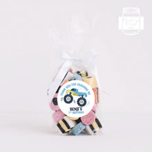 Load image into Gallery viewer, Blue Monster Truck Style Birthday Stickers &quot;Thank You for Crashing By&quot; Sticker
