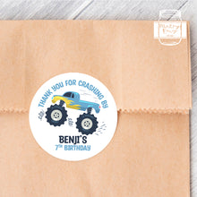 Load image into Gallery viewer, Blue Monster Truck Style Birthday Stickers &quot;Thank You for Crashing By&quot; Sticker
