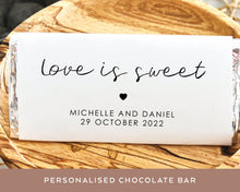 Load image into Gallery viewer, Customised Minimalist Style Mini Milk Chocolate Bar 40g, &quot;Love is Sweet&quot; Personalised Wedding Party Favour
